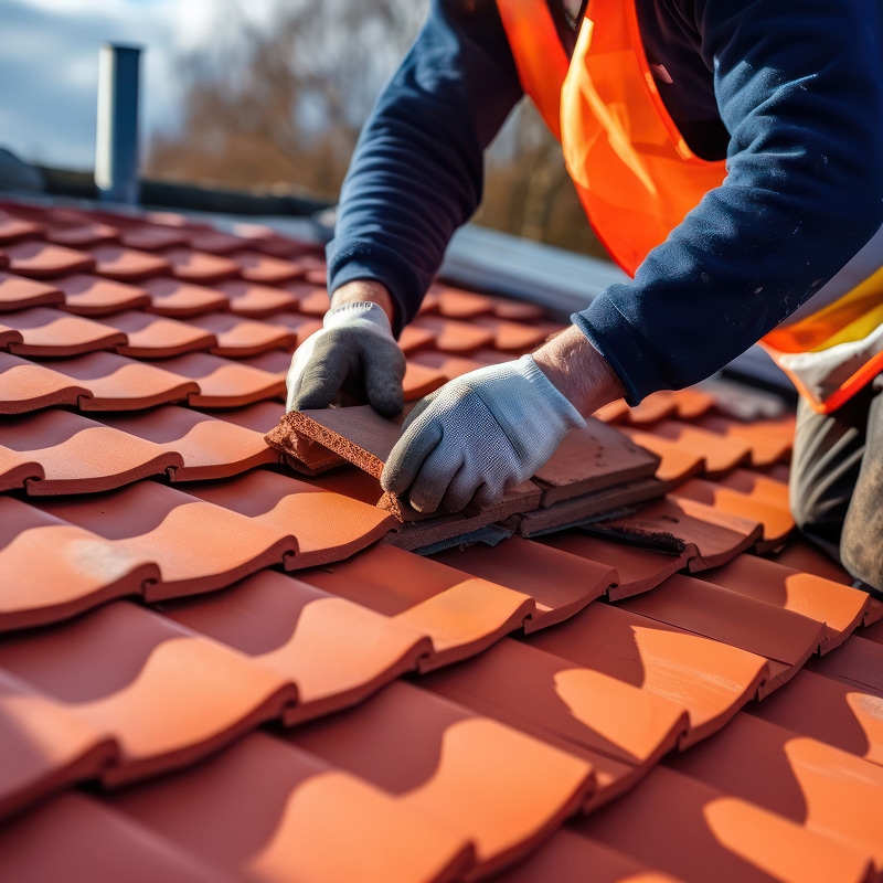 Rénovation de Toiture : Pose de Tuiles par un Couvreur. Couvreur professionnel en gilet orange installant des tuiles de toit en terre cuite ondulées. Travaux de construction et rénovation.