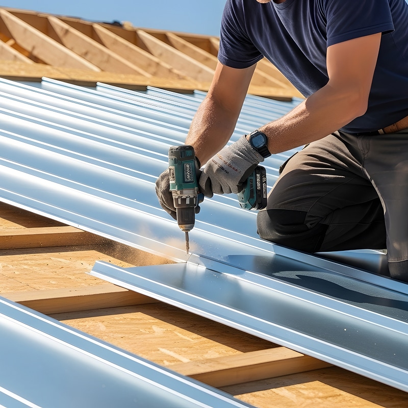 Installation toiture métallique par un couvreur expert Couvreur installant une toiture métallique argentée sur une ossature en bois, utilisant une visseuse sans fil pour fixer la tôle.