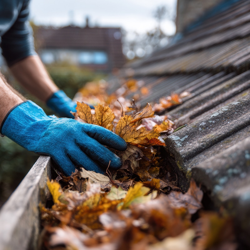 Nettoyage gouttière : enlever les feuilles d'automne facilement. Nettoyage de gouttière. Des mains gantées de bleu retirent des feuilles d'automne accumulées sur un toit gris.