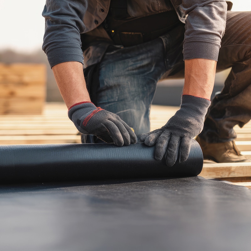 Pose de membrane d'étanchéité pour toiture. Ouvrier agenouillé déroulant une membrane d'étanchéité noire pour toiture. Gants de travail protégeant les mains du professionnel du BTP.