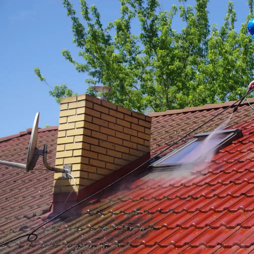 Nettoyage de toiture : résultat éclatant sur tuiles rouges. Nettoyage de toiture en tuiles rouges à la haute pression. Un jet d'eau enlève mousse et saleté près d'une cheminée et d'une fenêtre de toit.
